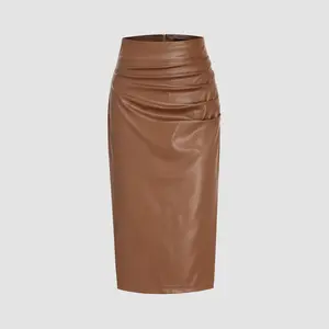 Cider [size 0-10] Faux Leather Mid Waist Ruched Midi Skirt