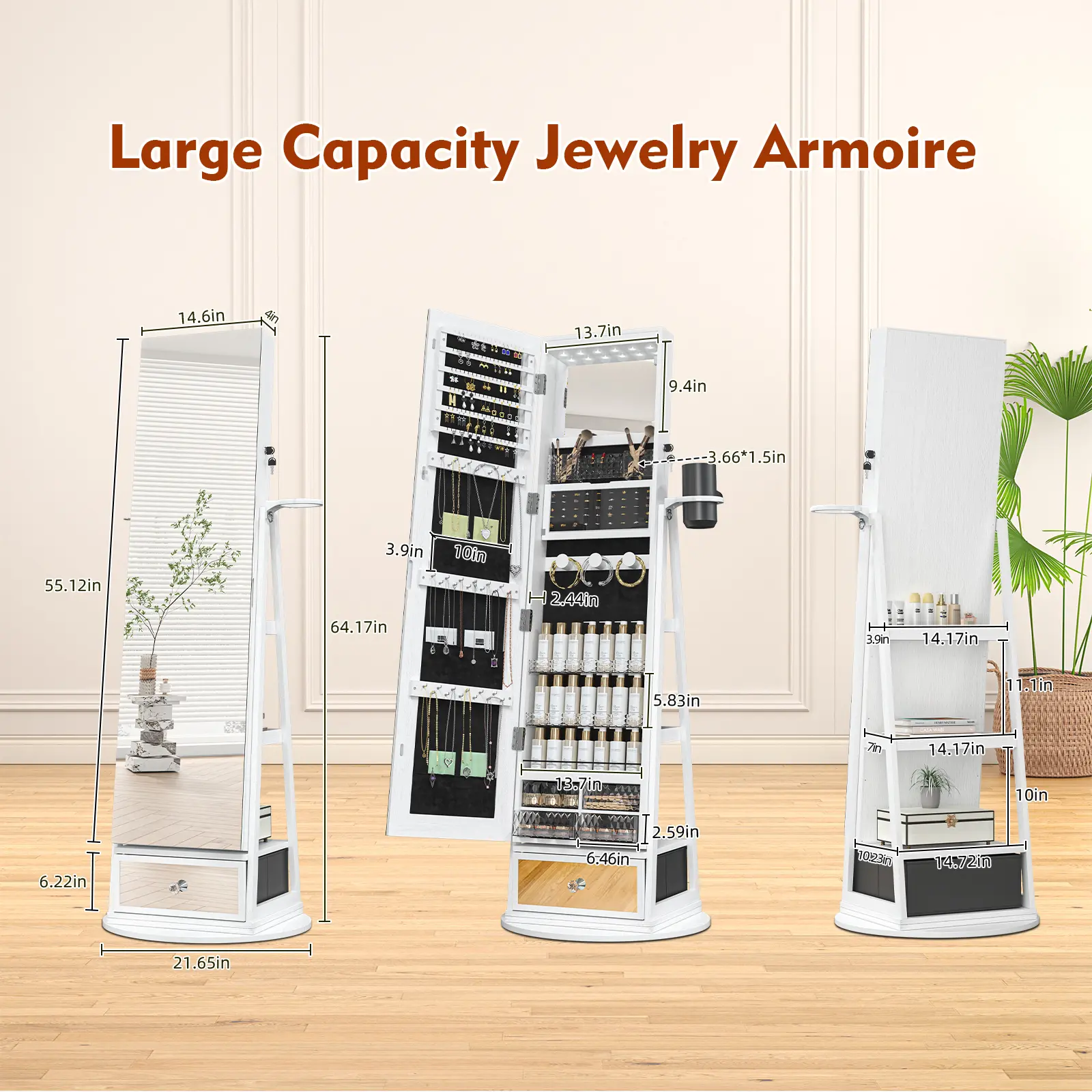 Summervibes LHBCRAFT Touch Screen Full-length Mirror Cabinet, Mirror Jewelry Cabinet Standing, jewelry armoire, Mirror with Storage, Jewelry Organizer