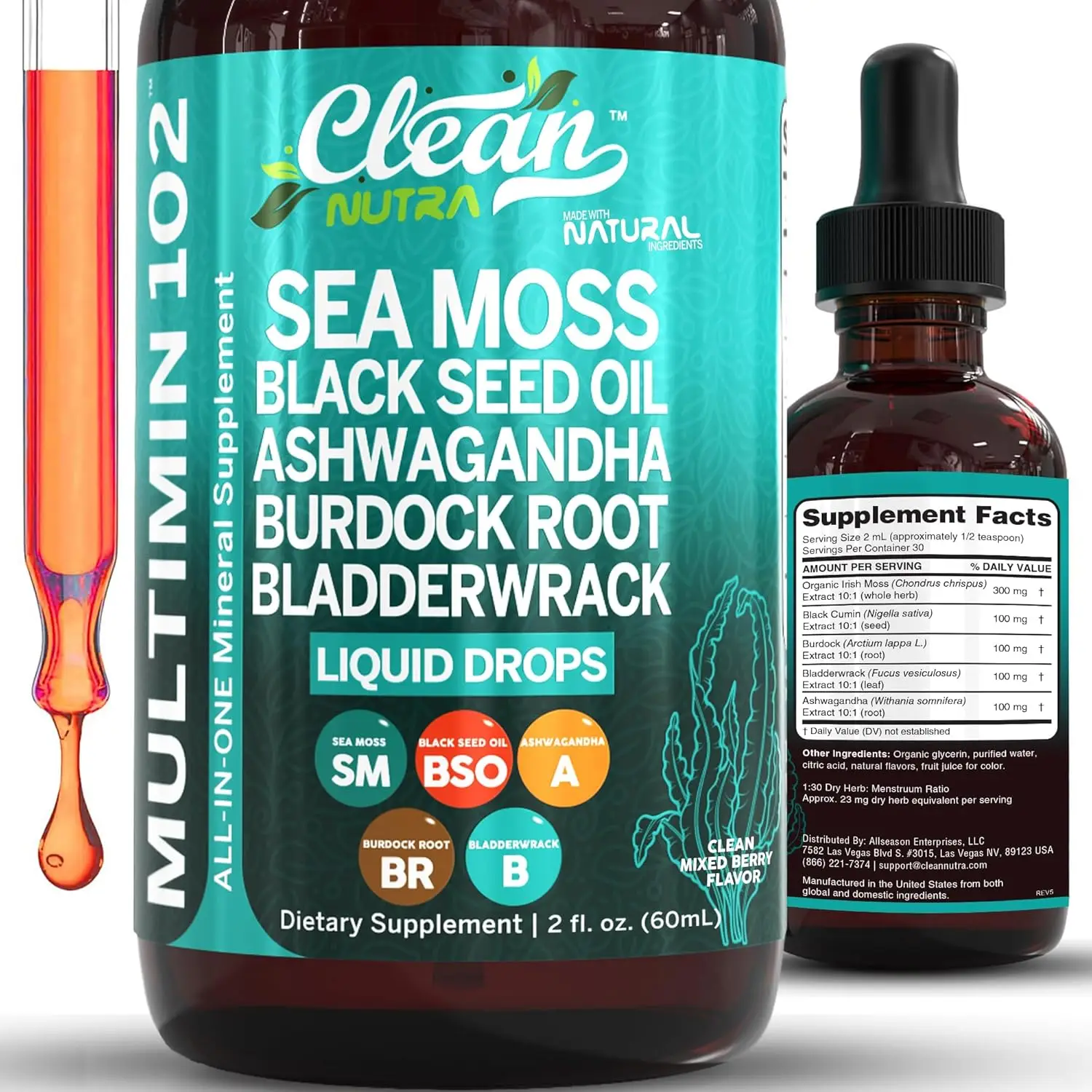 Clean Nutra Sea Moss Black Seed Oil Liquid Drops with Ashwagandha Burdock Root Bladderwrack - Multimineral Supplement Healthcare Dietary ashwagandha
