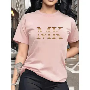 Women's 100% Cotton Navy Blue Short Sleeve T-Shirt - Smooth, Basic, Fit Lady's Printed Top with Chic Gold MK Graphic, Elegant for Casual Daily Wear & Fashion-Forward Outings