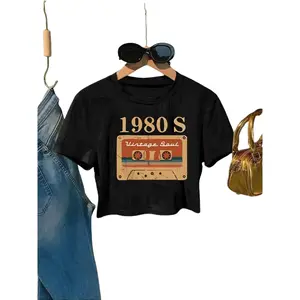Wo Y2K Retro 80s Cropped T-Shirt - High-Waisted Slim Fit Short Sleeve Top with Elastic Breathable Fabric & Waist-Cinching Design, Vintage Layering Piece Suitable for All-Season Wear, Machine Washable Casual Outfits