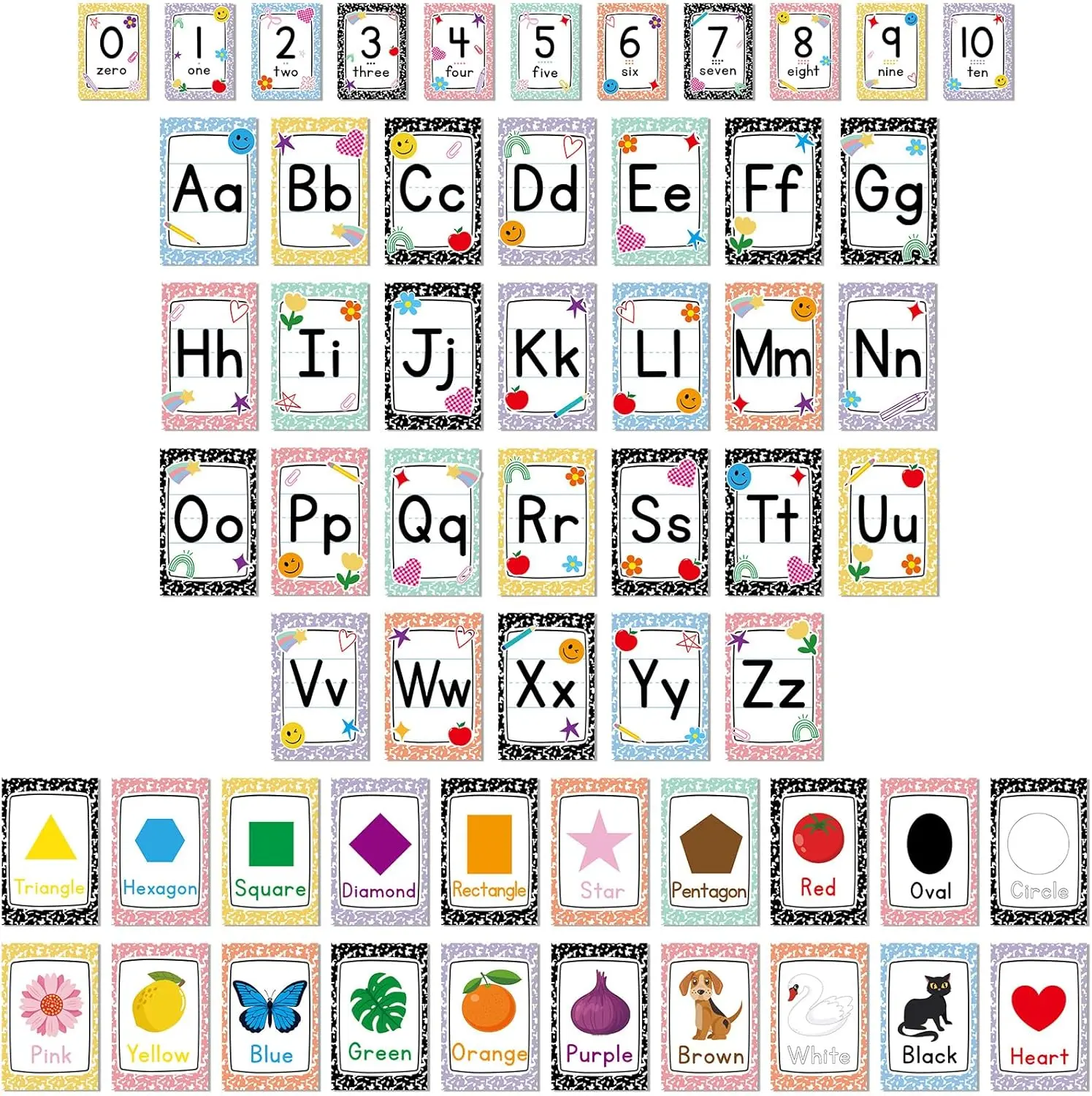 56 count Composition Notebook Alphabet Poster for Wall Alphabet Number Bulletin Board Colors Shapes Educational Learning Cards for Teacher