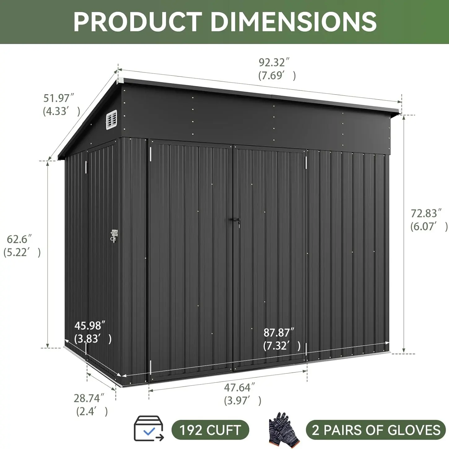 8x4FT - Black /Triple Door Shed