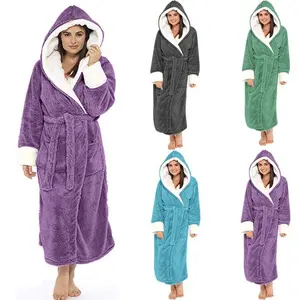Women's Hooded Fleece Robes, Soft Long Bathrobe Fluffy Warm Loungewear S-5XL