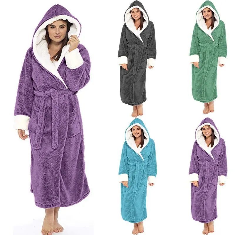 Women's Plush Fleece Robe, Long Sleeve Hooded Bathrobe, Warm Color Block Loungewear with Large Pockets, Loose Fit
