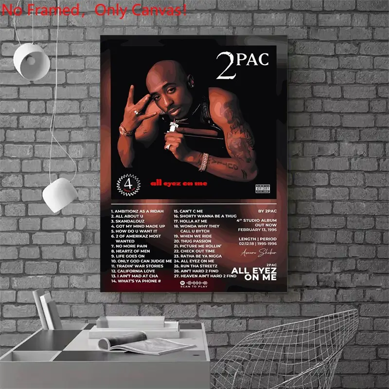 1 piece/set frameless canvas painting print poster, Street Style Print, hip-hop culture Characters realism art, 2Pac All Eyez on Me, gift for Rap Music loves, gift for bedroom, living room, wall decoration, Streetwear Wall Art, Artistic Indoor Decoration