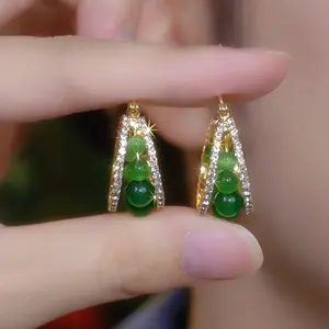 LisiZen Green Bead Hoop Earrings for Women, Luxury Chic Jewelry, Elegant Statement Hoops 2025 Trend Crystal Leaf Design DZEH4401