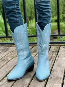 Women's Western Style Cowboy Boots, Comfortable Leather Design, Perfect for Outdoor Activities, Fashion Shoes All Seasons