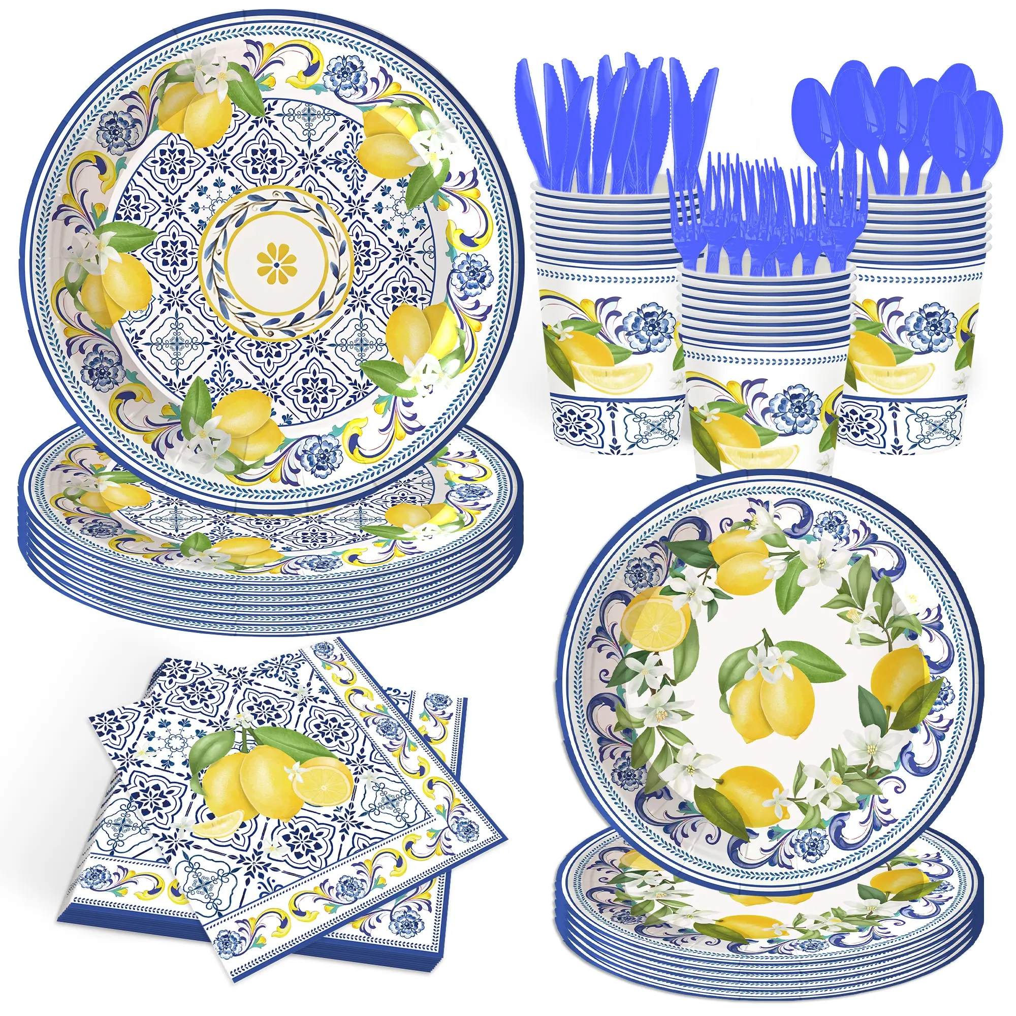 140Pcs, Capri Lemon Party Decorations Lemon Paper Plates and Napkins Summer Fruit Theme Tableware Set Baby Shower Birthday Party Supplies,Serve for 20 Guest