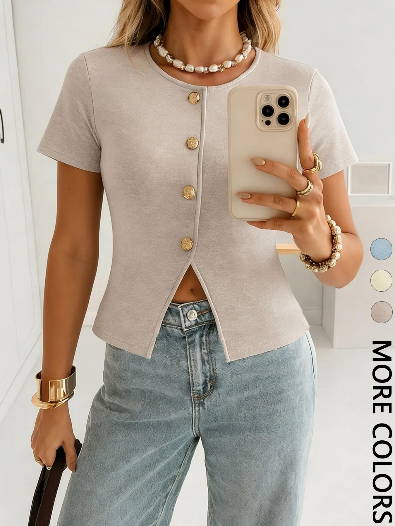 1 Piece Minimalist Casual Chic Fashion Fitted Bodycon Crew Neck Short Sleeve Split Hem Cropped Top, Versatile Commute Essential, Womenswear