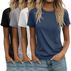 4 Pack Women's Cotton T-Shirts | Casual Short Sleeve Crewneck Tops | Loose Fit Rolled Sleeve Basic Summer Tees
