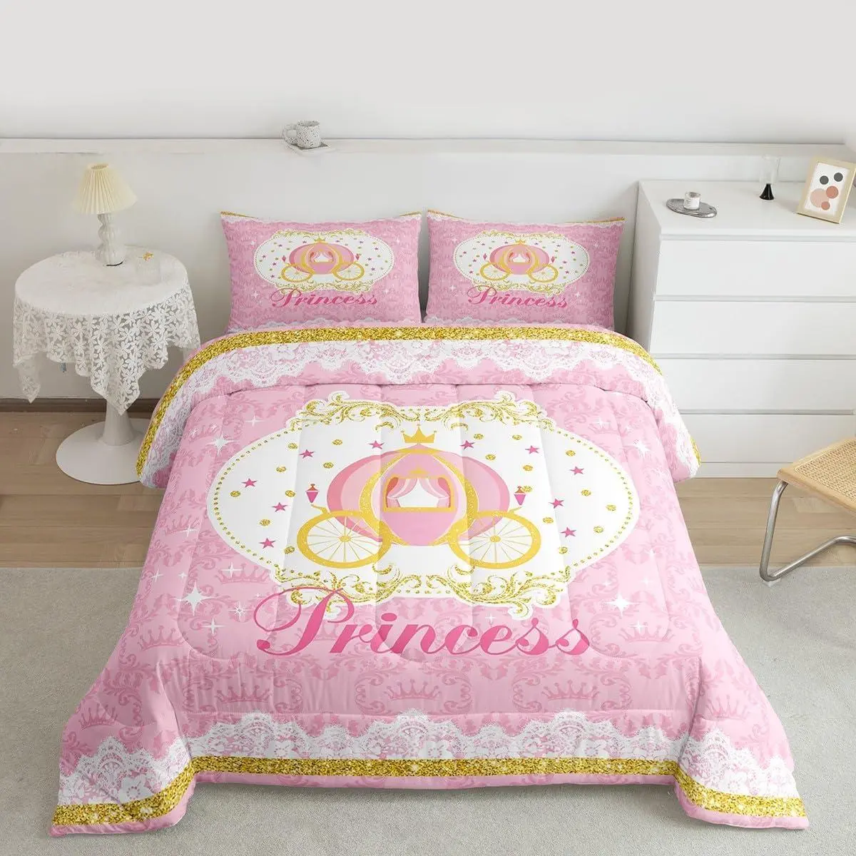 Girls Pink Theme Comforter Set,Kids Carriage Decor All Season Bedding Set,Teens Princess Style Comforter,Children Cute Cartoon Decor Quilt Set,Bedroom Collection