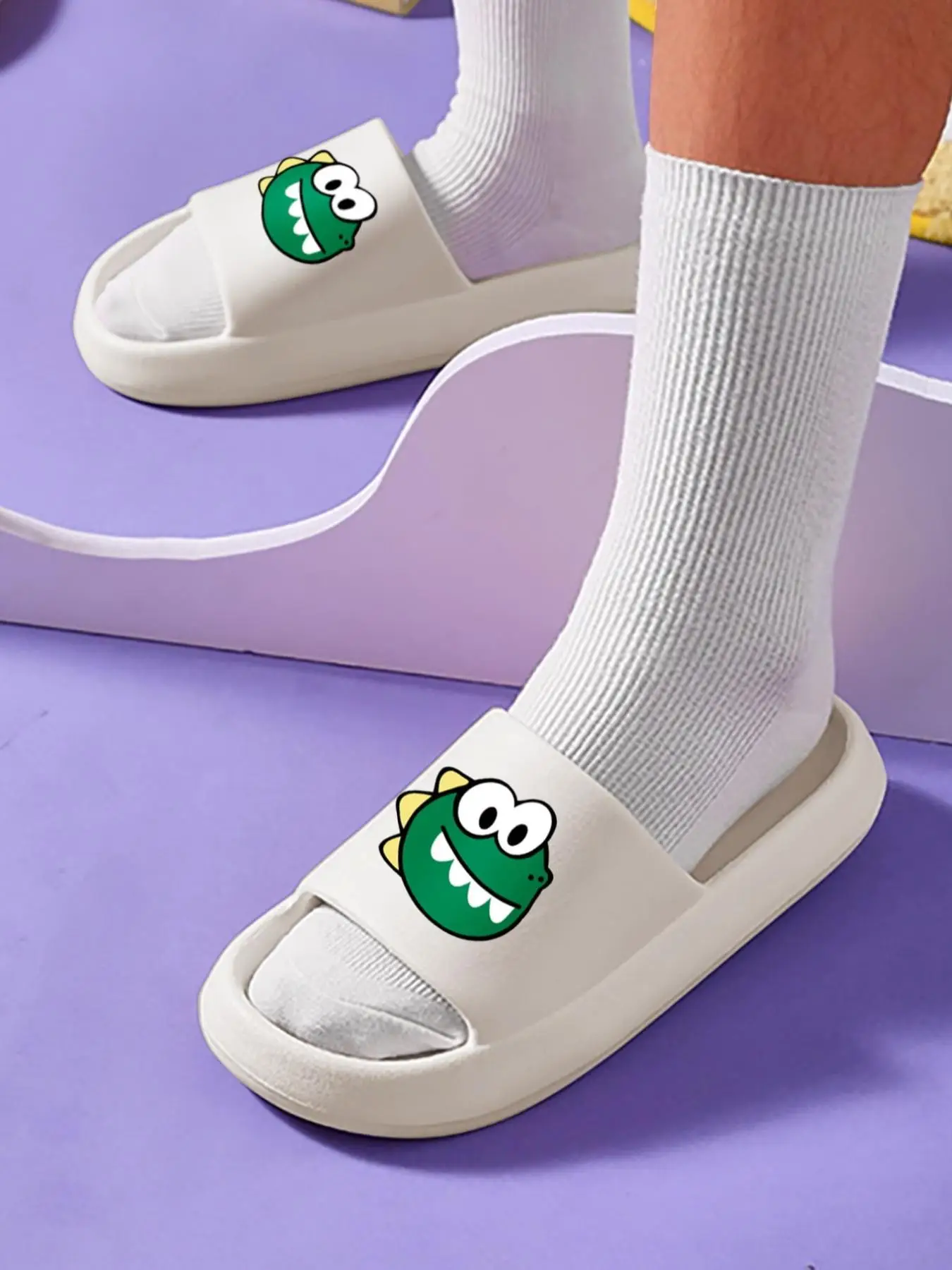 Men's Summer 2024 Cartoon Dinosaur Pattern Slides, Casual Soft Comfortable Wide Band Design Home Slippers, Indoor and Outdoor Bathroom Slippers