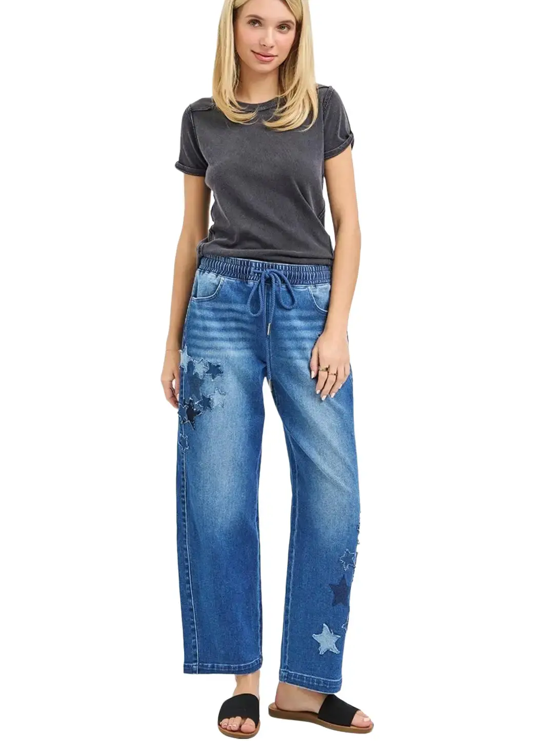 Risen Women's 1355 Star Patch High-Rise Elastic Waist Casual Loose-Fitting Cropped Cotton-Rayon Blend Streetwear Denim Jeans, All-Season Bottoms