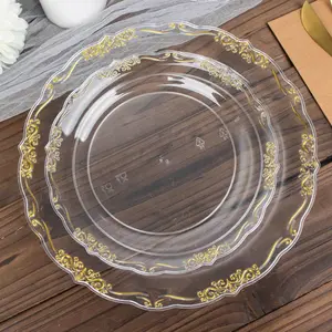 10-Pack Plastic Round Dessert Plates 7" Clear with Gold Vintage Embossed Rim & Scalloped Edges - Sturdy Disposable Salad Plates