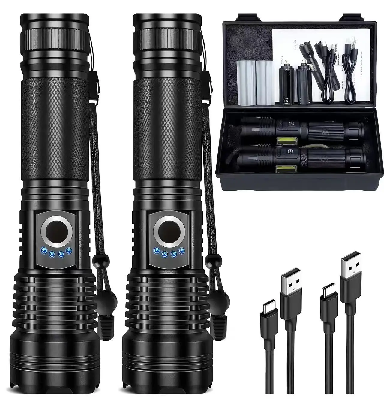 Rechargeable Super Bright LED Tactical Flashlight 2 Pack Type-C, Waterproof with Power Indicator, Perfect for Camping, Home Emergency, Security Patrol & Father’s Day Gifts