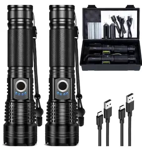 Rechargeable Super Bright LED Tactical Flashlight 2 Pack Type-C, Waterproof with Power Indicator, Perfect for Camping, Home Emergency, Security Patrol & Father’s Day Gifts