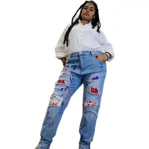 Painted Jeans with leather patches,