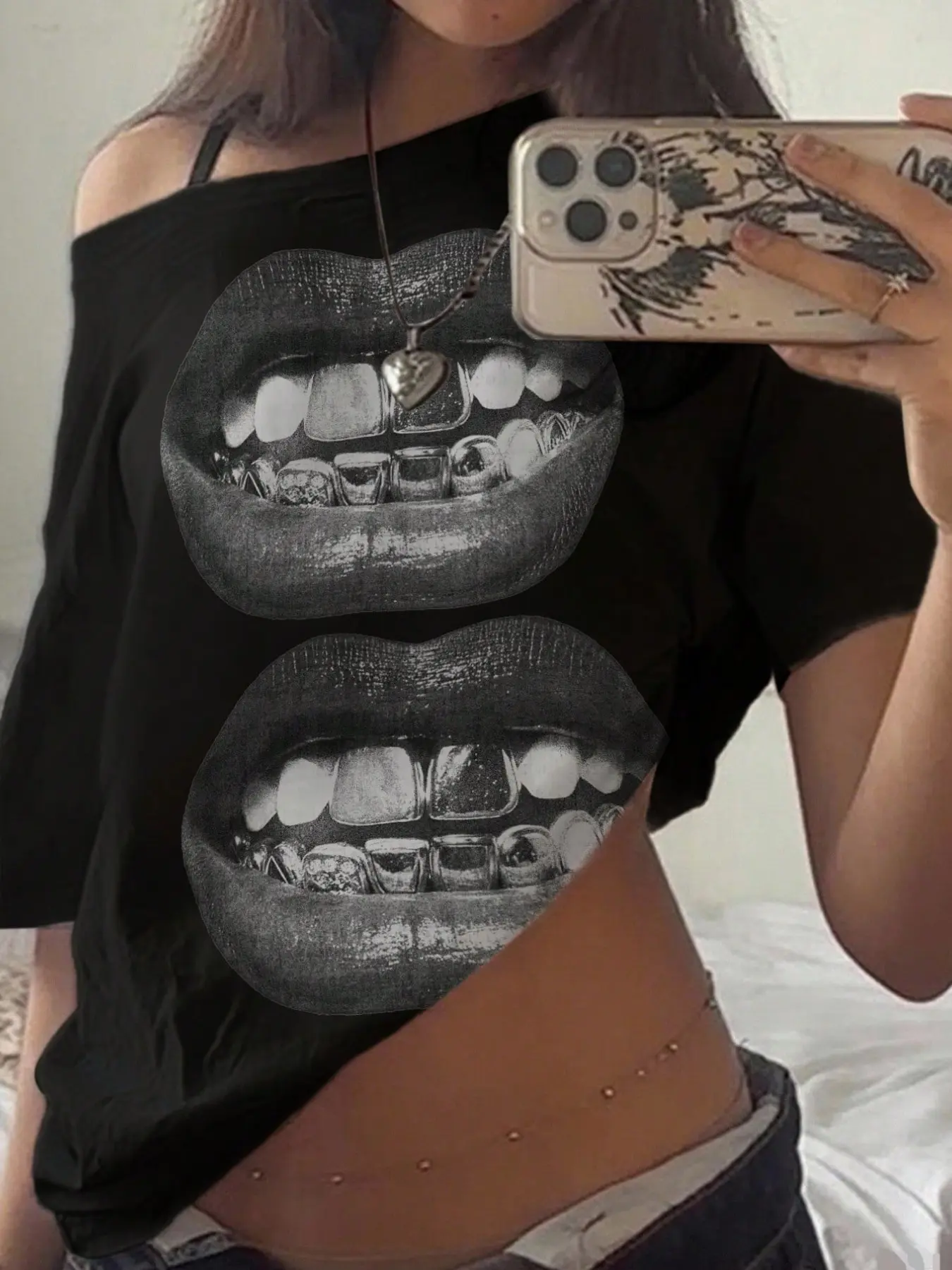 Y2K Grillz Lips Distressed Black Asymmetrical Off-Shoulder T-Shirt, Fashion, Grunge Streetwear Top, Cotton Fabric, Edgy Retro Aesthetic, Relaxed Oversized Fit, Iconic Double Lips Print, Versatile Daily Wear, Perfect for Party/Street Style/Grunge