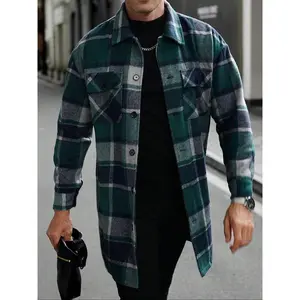 Men's plaid check long coat, with a buttoned lapel, loose fit, front button pockets, suitable for daily wear in autumn and winter, comfortable and warm, men's trench coat, autumn and winter.