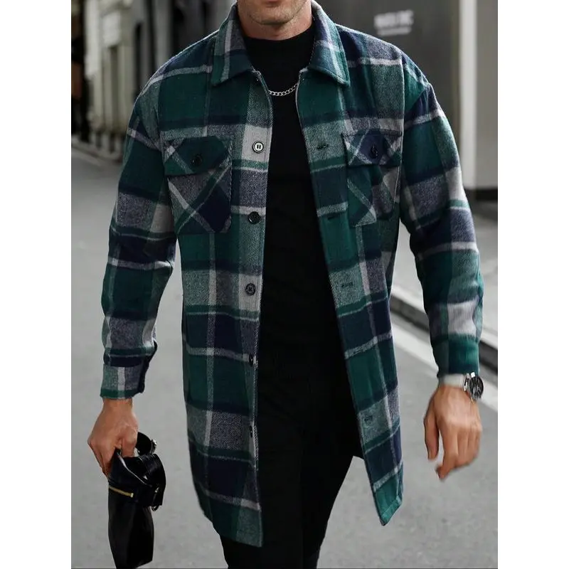Men's Casual Plaid Check Trench Coat with Pockets, Loose Fit Long Sleeve Outerwear for Autumn Winter Everyday Wear, Menswear