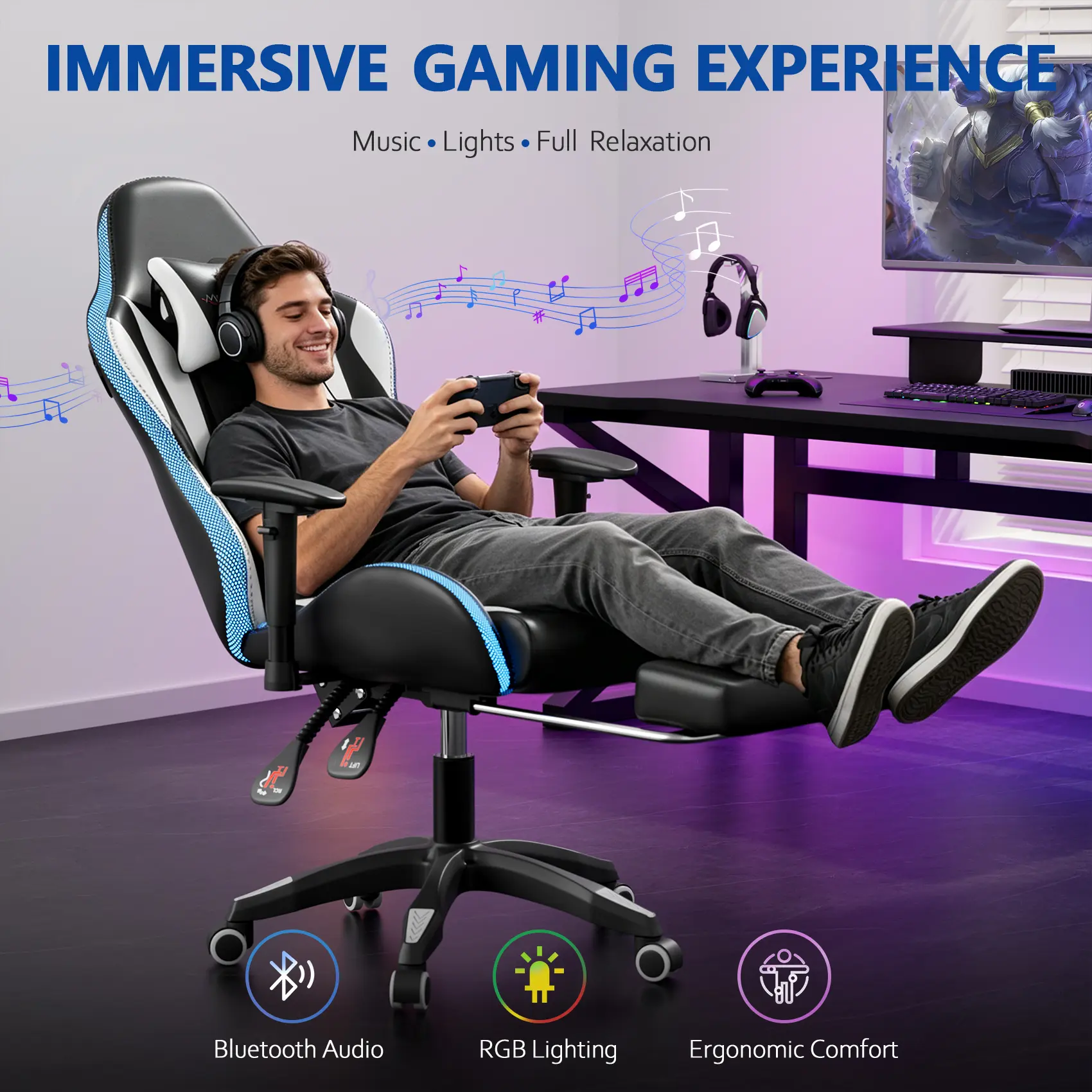 【Led Chair!!】Mr IRONSTONE Gaming Chair with Speakers and Led Lights Ergonomic Massage Computer Office Chair with Broaden Cusion and Footrest High Back Video Game Chair for Adults Kids Boyfriend Gift, Blue Black and Pink