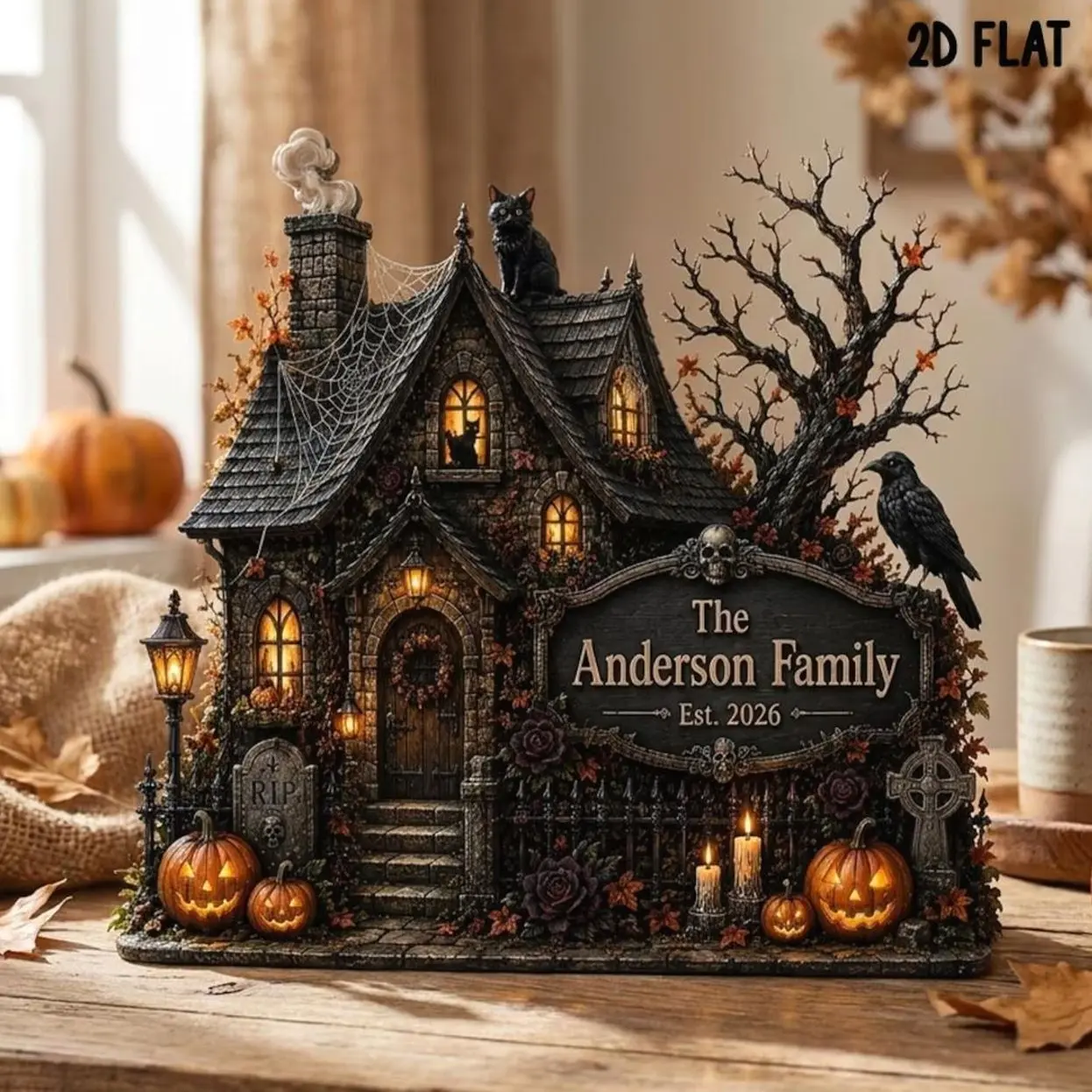 Personalized Haunted House Wooden Block, Custom Family Halloween Decor, Spooky House Table Decor, Gothic Halloween Keepsake, Halloween Gift