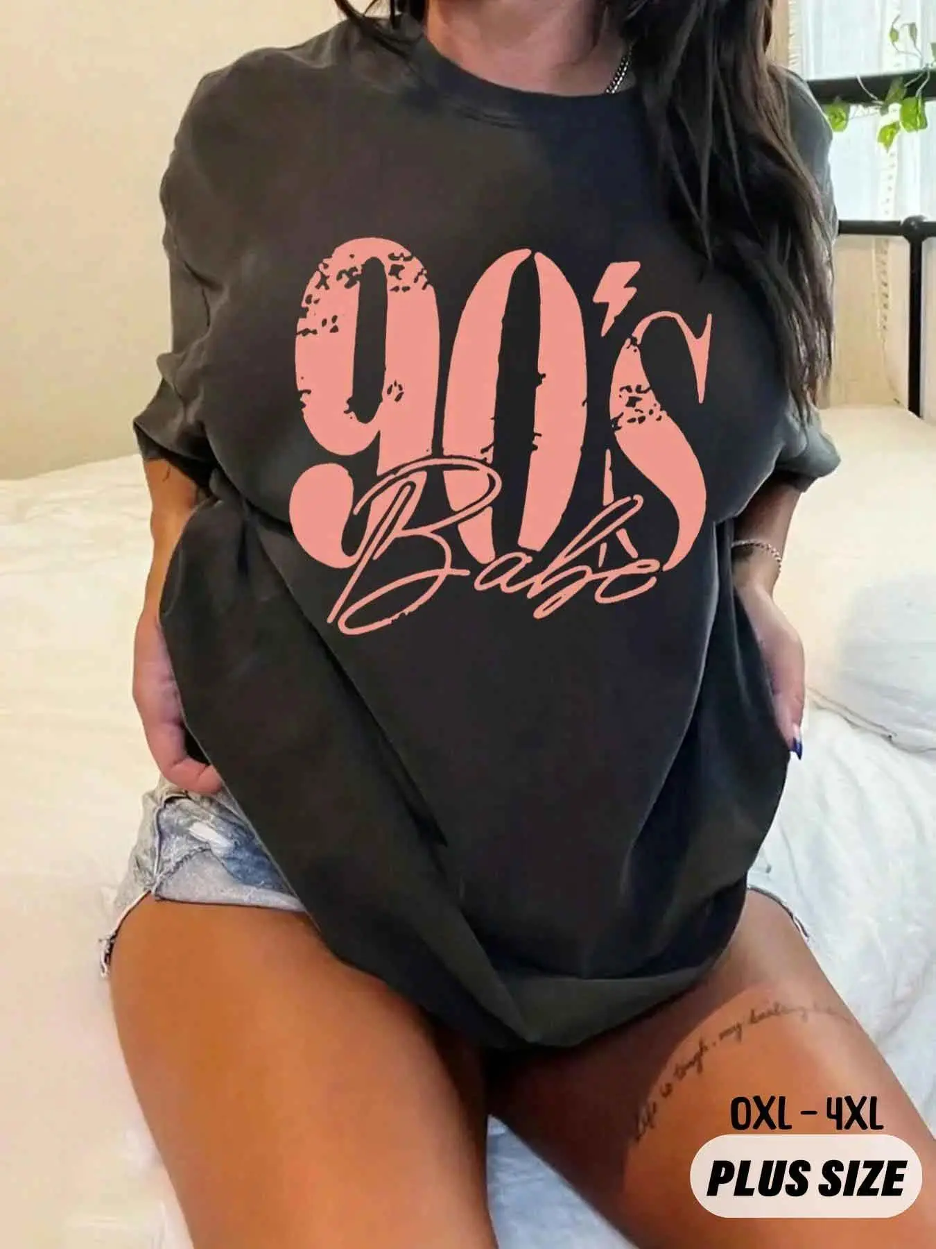 【Plus Size】 Figure & Letter Graphic Round Neck Tee, Summer Outfits, Graphic Tees, Casual Short Sleeve T-shirt for Daily Wear, Women Clothing for All Seasons, Womenswear, Tshirt, Streetwear,tees,T-Shirt for Men Women
