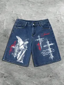 Men's Blue Denim Shorts with Gothic Angel & Cross Graphic Print, Loose Fit Mid Waist Jeans, Y2K Trash Rock Style, Dark College Streetwear, Menswear