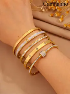 Elegant Stainless Steel Rhinestone Decor Bangles Bracelet Set, Lightweight Fashion Jewelry for All Seasons, Ideal Party & Gift Accessory, Trendy Stack Bangle