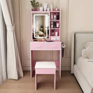 Small Vanity Desk with Mirror and Lights, Makeup Vanity Table with Power Outlet & 2 Drawers & 6 Shelves & Stool,Dressing Table Set for Bedroom, Brightness Adjustable, Pink