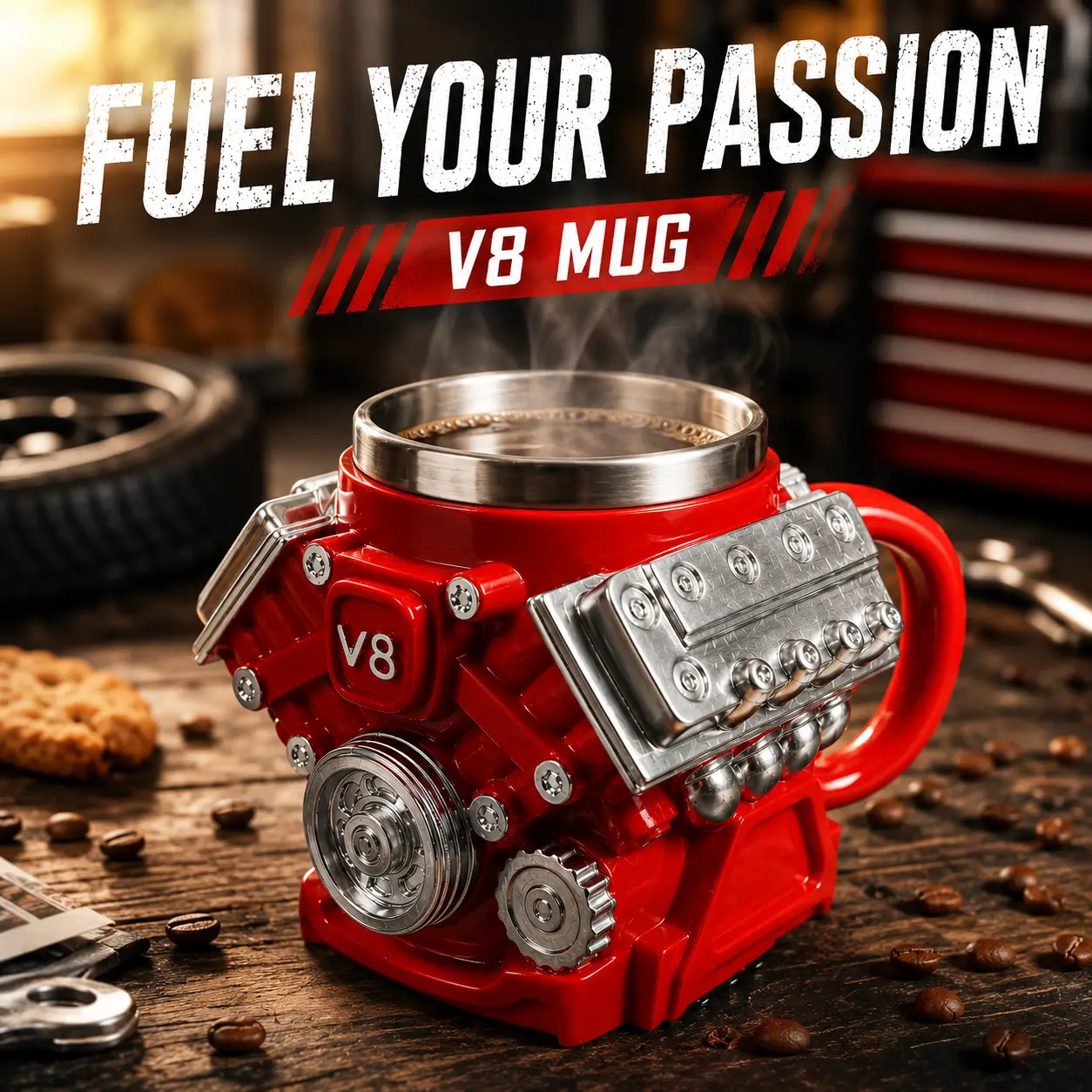 10oz Reusable Stainless Steel V8 Engine Novelty Coffee Mug - Stylish Drink Cup, Mid Year Deal, Practical Father's Day Dad Gift for Car Enthusiast Dads,halloween,jack-o【Summer Sale Deals】