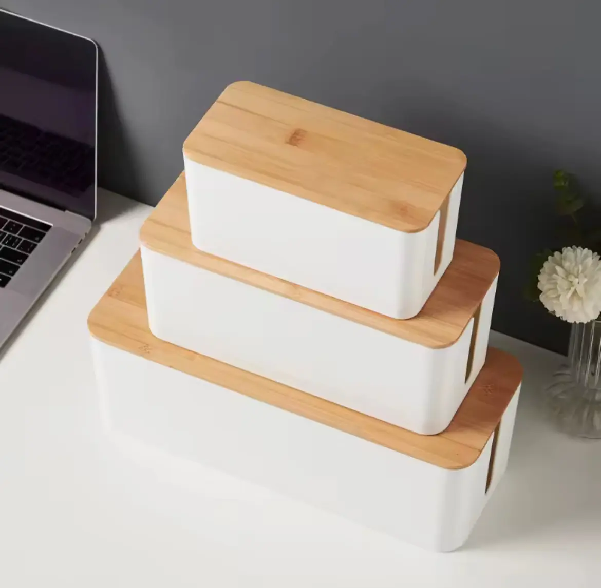 Soleed Black Bamboo Wood Cable Management Box (Size L) - Office Desk Organizer with Natural Bamboo Lid, Cable Access Tool, Modern Home Decor Solution, Keeps Clutter-Free for Laptops, Desktops, Power Cords, Phone Chargers