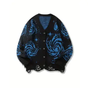 Men's Oversized Starry Sky Knit Cardigan Sweater - Black & White Galaxy Print, Button-Up Front, Loose Fit, Warm & Comfortable for Fall/Winter Casual Wear, Knit Sweater