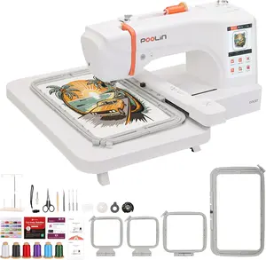 POOLIN EOC07 Embroidery Machine,7.9"x15" Hoop Area,7" Touchscreen,Computerized Home Embroidery Machine for Beginners Gifts,200 Built-in Designs,USB & Wireless,Software,4 Hoops,Thread