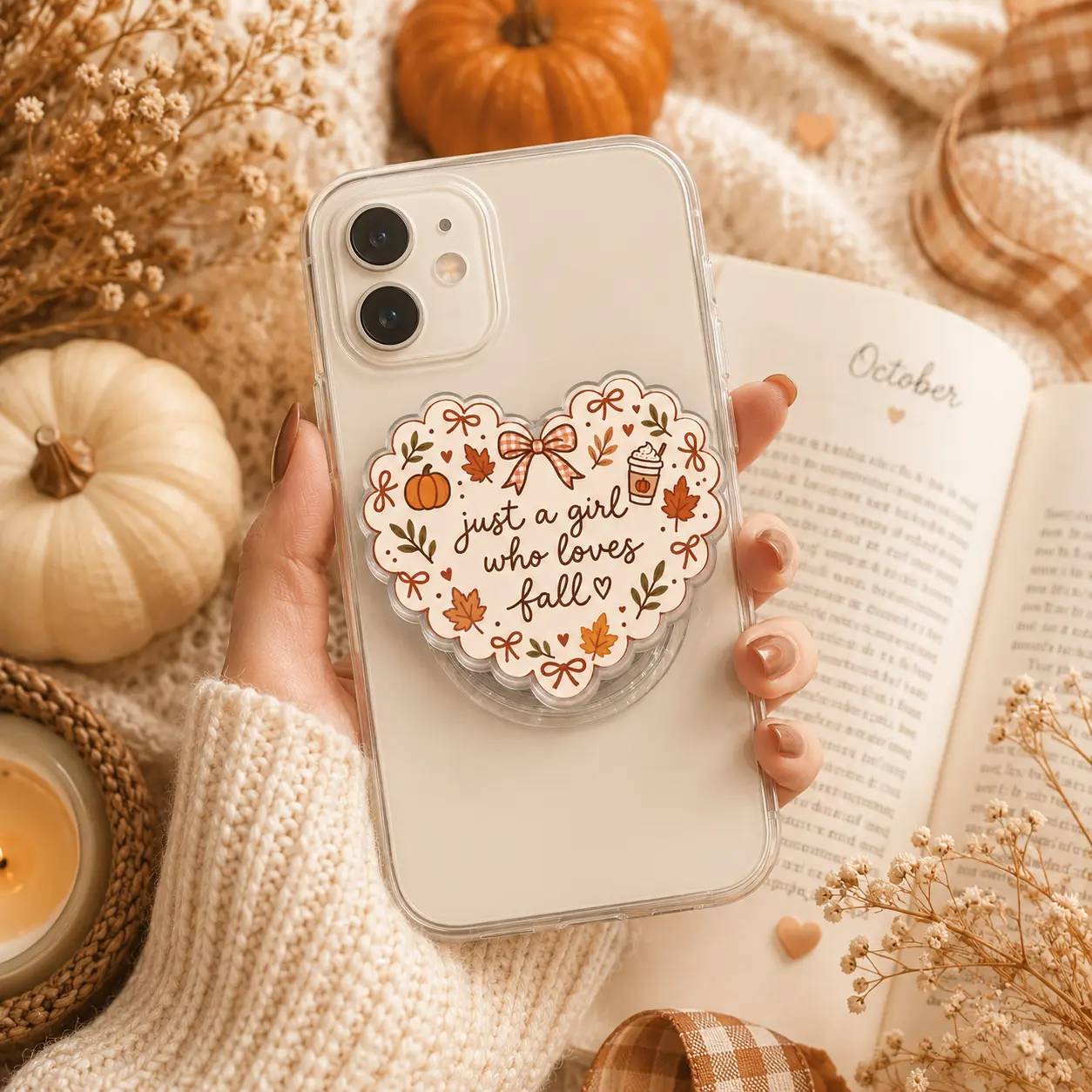 Cute Fall Girl Heart MagSafe Phone Grip – “Just a Girl Who Loves Fall” Acrylic Magnetic Phone Holder & Kickstand – Pumpkin Coffee Maple Leaf Autumn Gift for Women