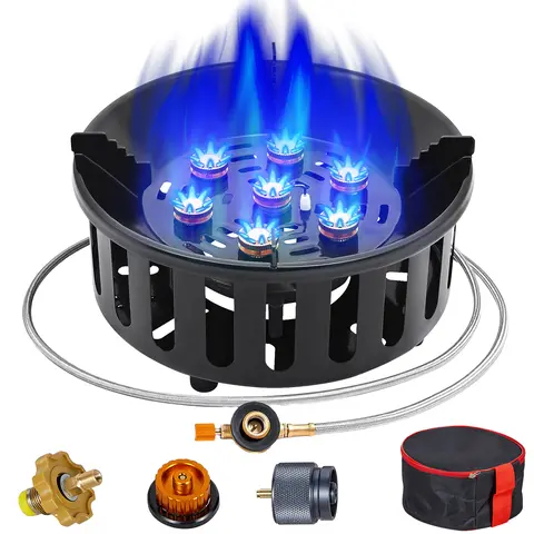 BESTFIRE Portable 9.25in Metal Single Burner Outdoor Gas Stove - 72,000 BTU Heat, Windproof, Piezo 1-Touch Ignition, Compact Footprint, Knob Precise Flame Control, W/ Carry Bag, Hose & 3 Adapters, for Camping, Backyard Cooking, Emergency Prep