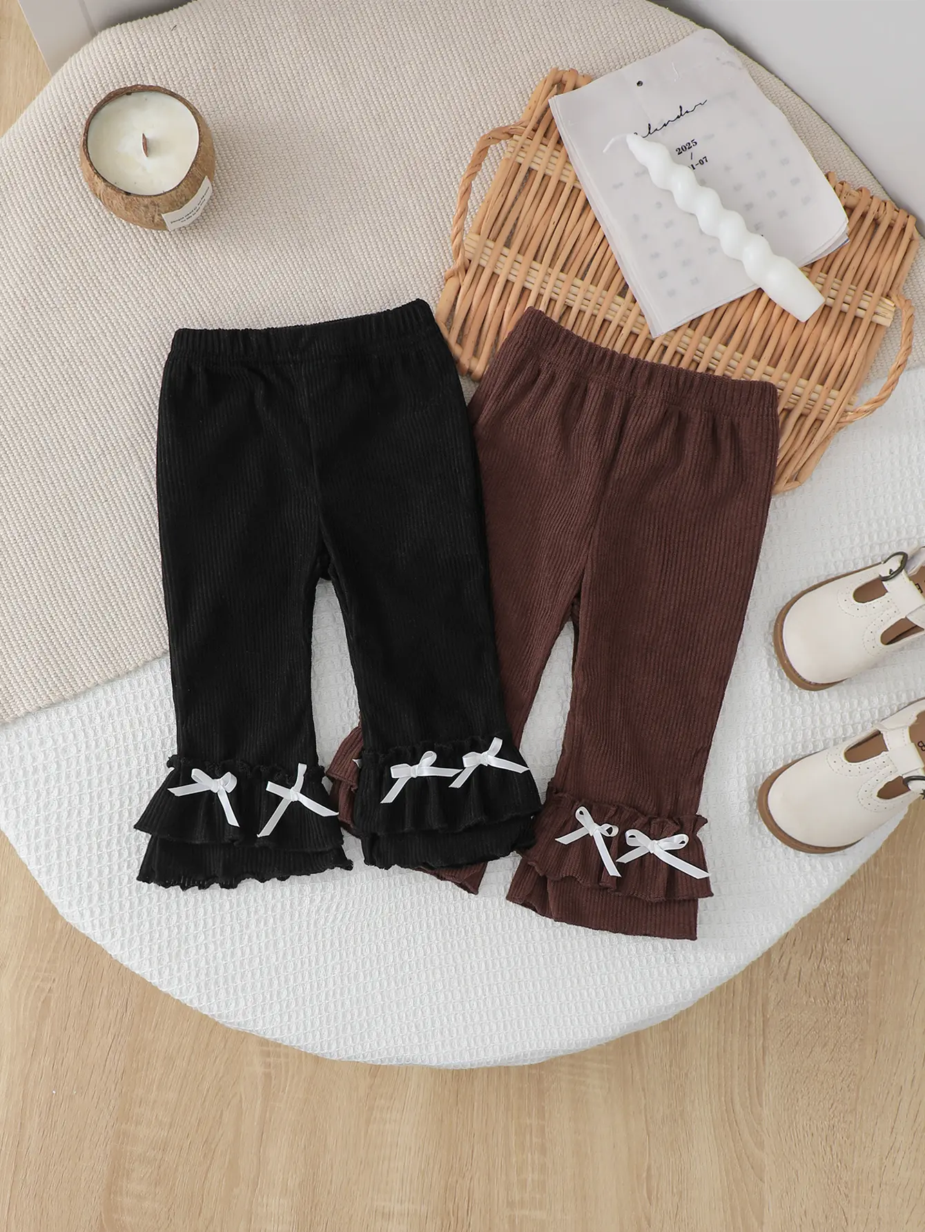 2Pcs Toddler Girls Knitted Flare Leggings with Bows Breathable Pants for 1-8 Years Ankle Length