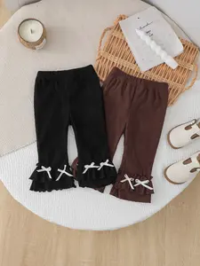 2Pcs Toddler Girls Knitted Flare Leggings with Bows Breathable Pants for 1-8 Years Ankle Length