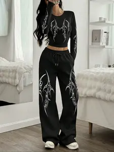Gothic Graphic Pattern Drawstring Pocket Wide Leg Pants Set, Fitted Long Sleeve Top, Comfortable High Waist, Casual Spring & Fall Wear for Women