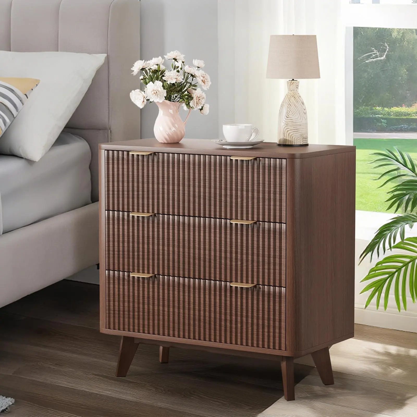 Walnut 32" Width Modern Nightstands, Fluted Nightstand with Faux Marble Top, 3 Drawer Bedside Table, Large Nightstand for Bedroom, Living Room, Hallway, Curved Profile Design, Entryway