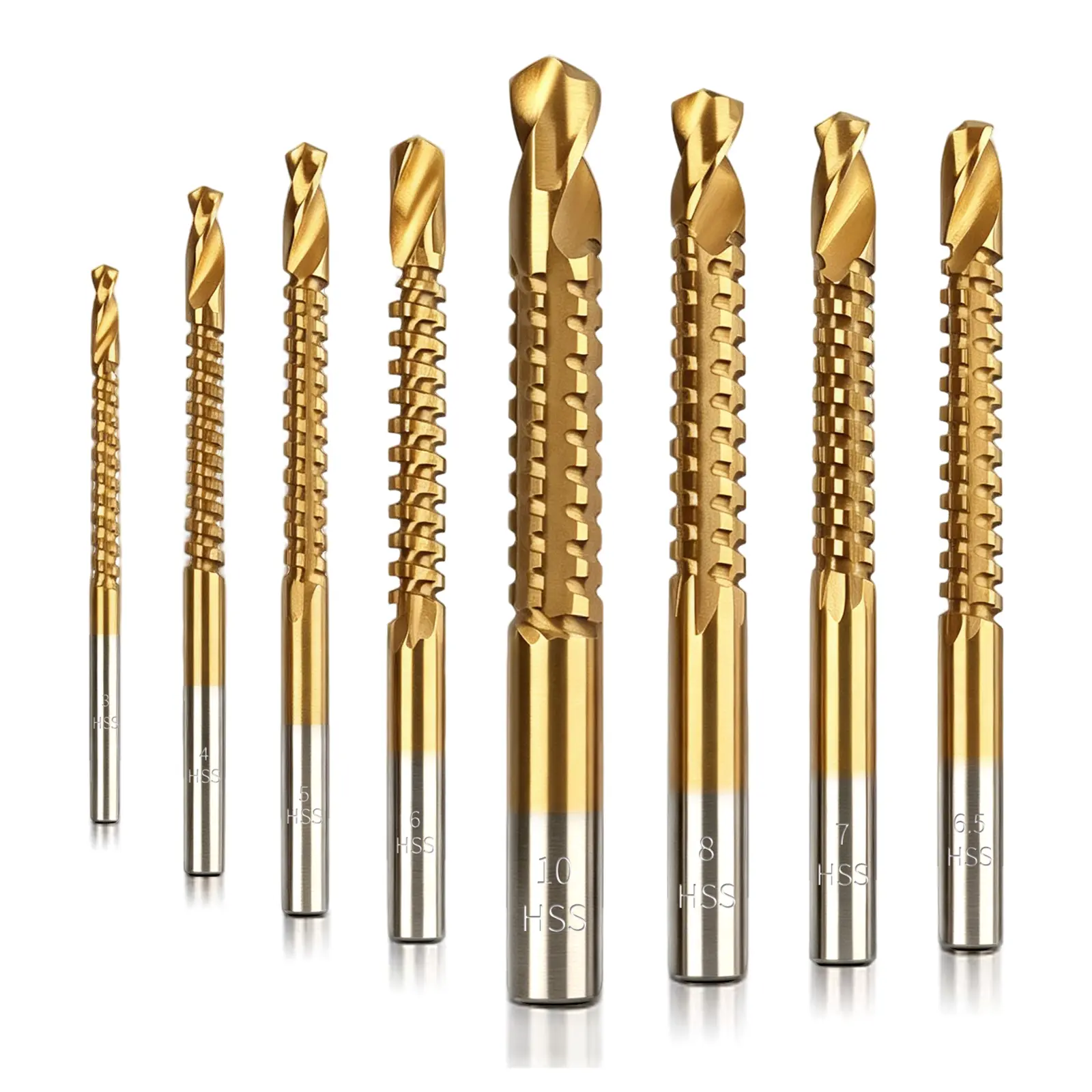 8 Pack Titanium Coated HSS Twist Drill Bits - 3-10mm Serrated Bit with 135° Split Point Tip, Grooving, Rapid Drilling, Smooth Chip Evacuation for Woodworking, Plastic, Metal Hole Drilling, Woodworkers