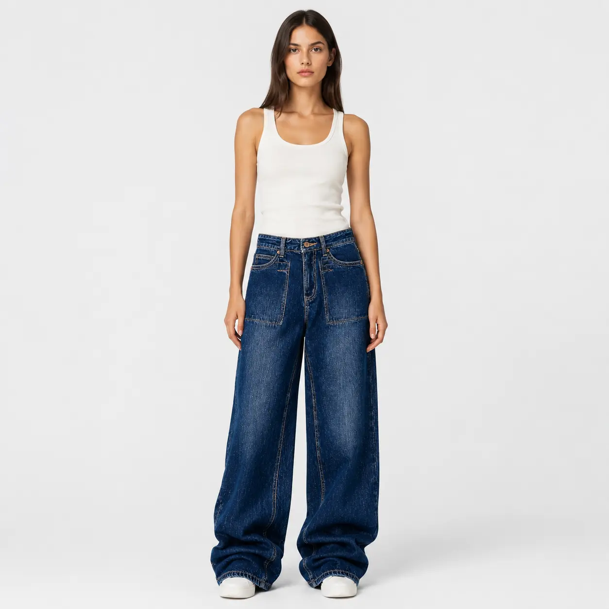 Street Style High-Waisted Oversized Ultra Wide Leg Jeans - Comfortable, Breathable Stretch Denim Puddle Hem Trousers (Sports & Outdoor Joggers)