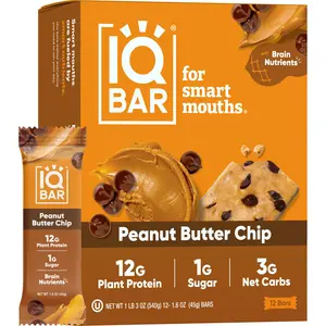 IQBAR Peanut Butter Chip (12 Bars) - Brain and Body Plant Protein Bars - Low Carb, High Fiber, Gluten Free, Vegan Snacks - Low Sugar Keto Energy Bars