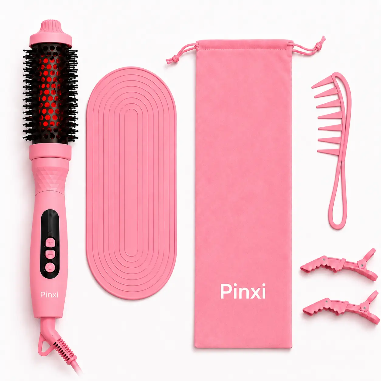 Pinxi Volumizing Thermal Round Brush — Heated Blowout Curling Brush for Volume & Waves, 1.5" Ceramic Ionic Barrel, 10 Heat Settings up to 410°F, Digital Display, Heat-Resistant Mat Included