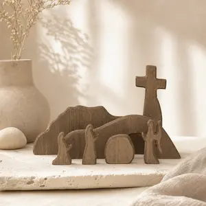Wooden Easter Empty Tomb & Cross Decoration, Jesus Resurrection Nativity Scene Set, Religious Christian Tabletop Decor for Home, Office and Church