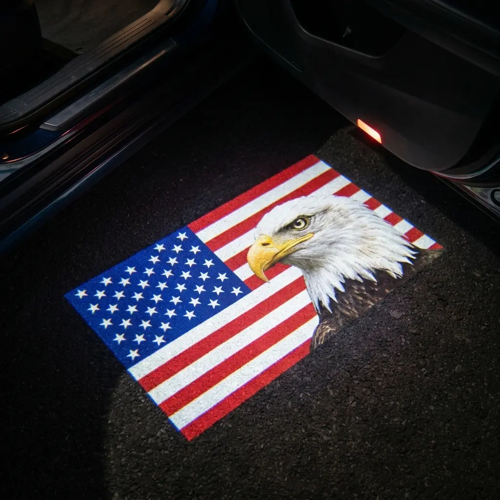 2Pcs LED Car Door Projector Lights, American Flag Eagle Design, Wireless Welcome Courtesy Puddle Lamp, No-Drill Universal Fit Ghost Shadow Light, Patriotic Car Accessories