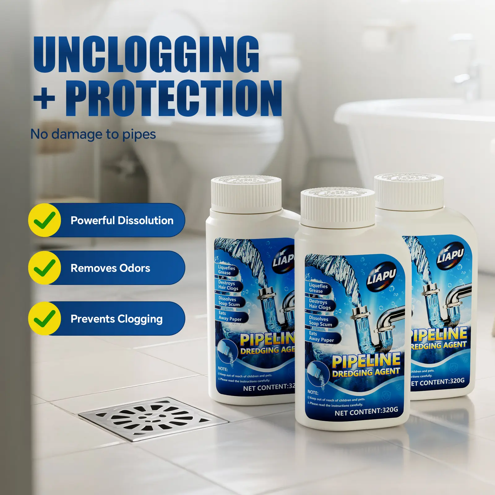 Powerful Pipe Dredging Agent for Kitchen and Toilet Pipelines - Dissolves 200+ Blockages and Kills 99% of Bacteria Drain Clog Remover Soap Scum Remover