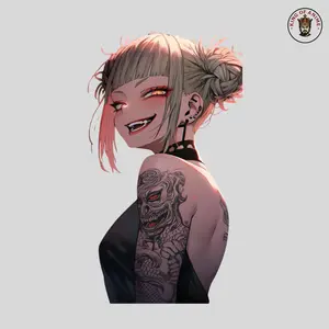 Toga Himiko Oni Tattoo Sticker, Vinyl Sticker for Laptop Decor, Demon-Inspired Waifu with Side Smile and Piercings