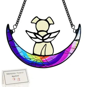 DeerZone Dog Memorial Gifts for Loss of Dog, Stained Glass Dog Angel Suncatcher with Sympathy Card, Rainbow Bridge Pet Memorial Gift, Dog Remembrance Keepsake for Dog Lovers, Window Hanging Decor